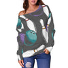 Pattern Print Bowling Women Off Shoulder Sweatshirt-grizzshop