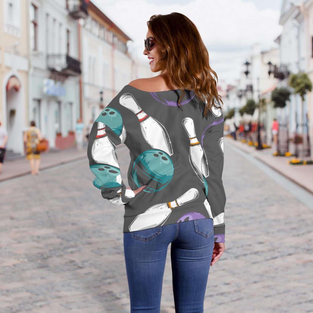 Pattern Print Bowling Women Off Shoulder Sweatshirt-grizzshop