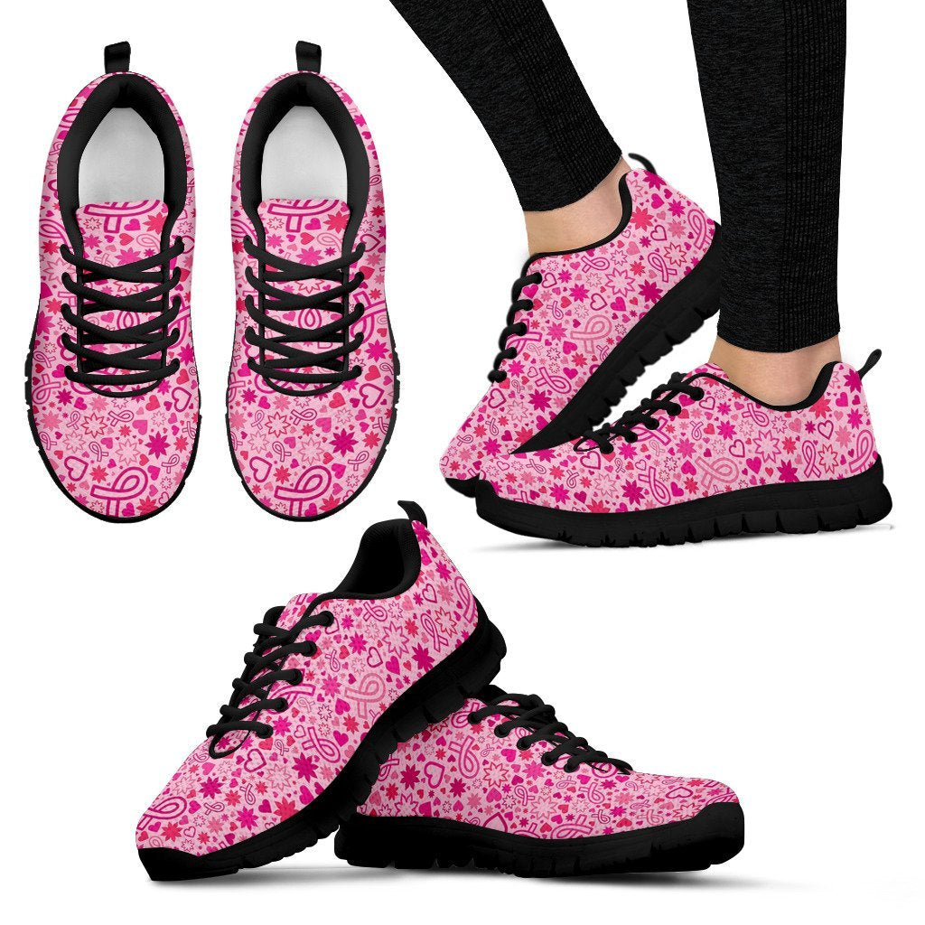 Pattern Print Breast Cancer Awareness Pink Ribbon Black Sneaker Shoes For Men Women-grizzshop