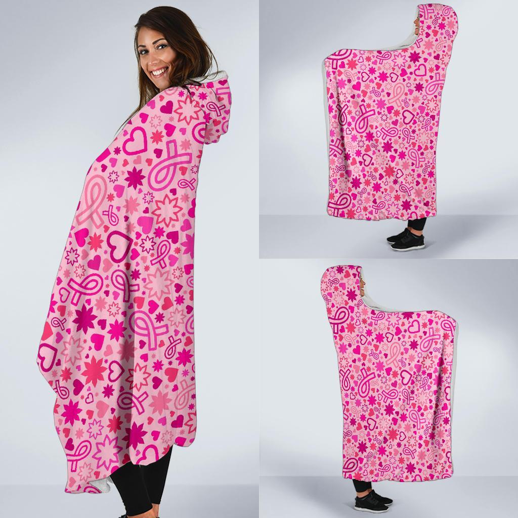 Pattern Print Breast Cancer Awareness Pink Ribbon Hooded Blanket-grizzshop