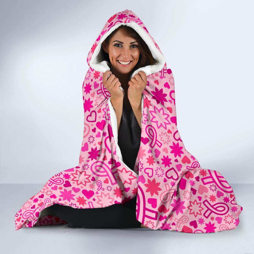 Pattern Print Breast Cancer Awareness Pink Ribbon Hooded Blanket-grizzshop