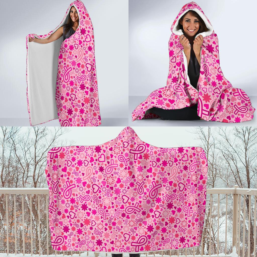 Pattern Print Breast Cancer Awareness Pink Ribbon Hooded Blanket-grizzshop