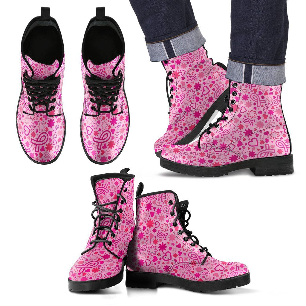 Pattern Print Breast Cancer Awareness Pink Ribbon Men Women Leather Boots-grizzshop