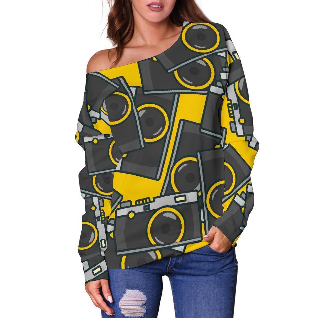 Pattern Print Camera Women Off Shoulder Sweatshirt-grizzshop