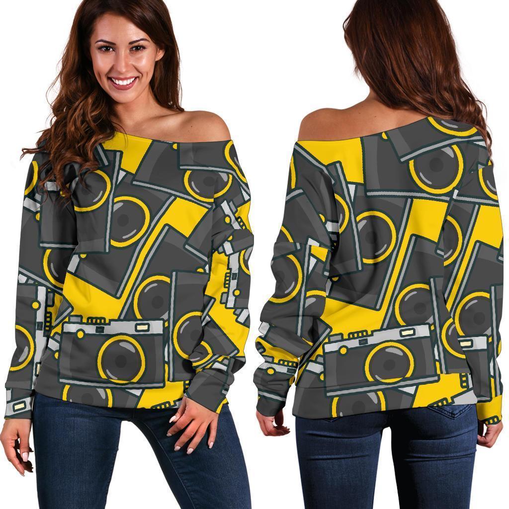 Pattern Print Camera Women Off Shoulder Sweatshirt-grizzshop