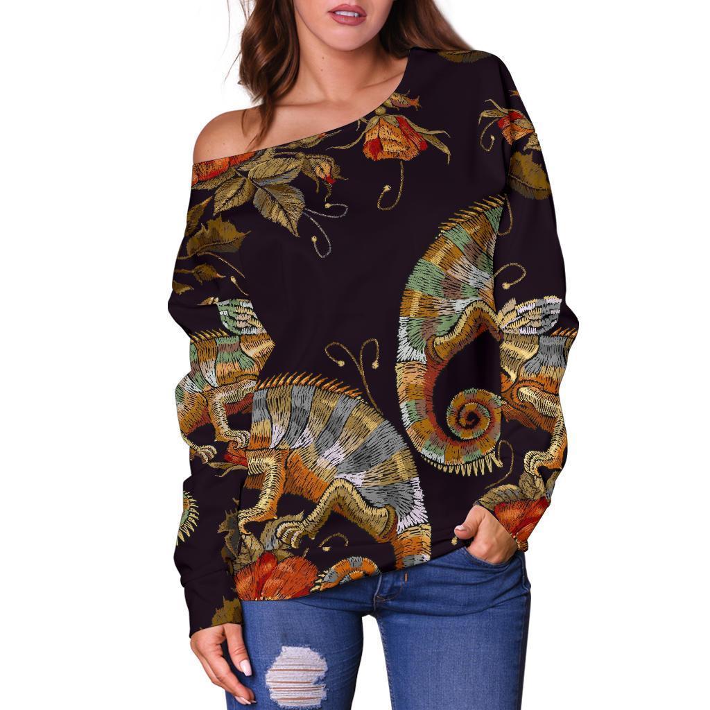 Pattern Print Chameleon Women Off Shoulder Sweatshirt-grizzshop