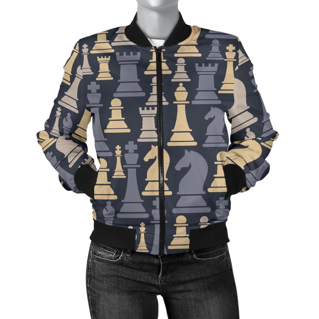 Pattern Print Chess Women Casual Bomber Jacket-grizzshop