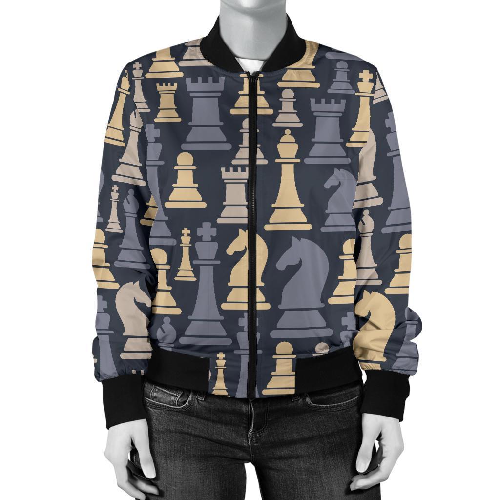 Pattern Print Chess Women Casual Bomber Jacket-grizzshop