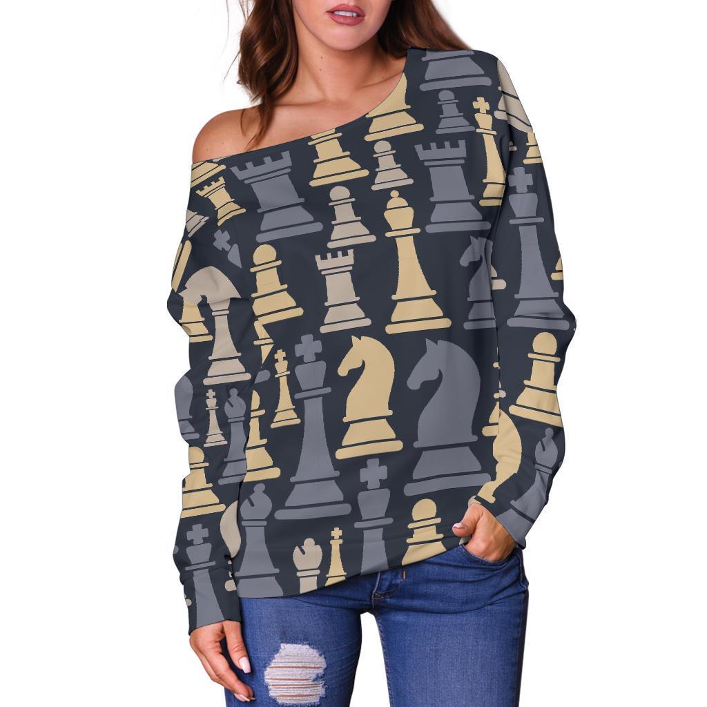 Pattern Print Chess Women Off Shoulder Sweatshirt-grizzshop