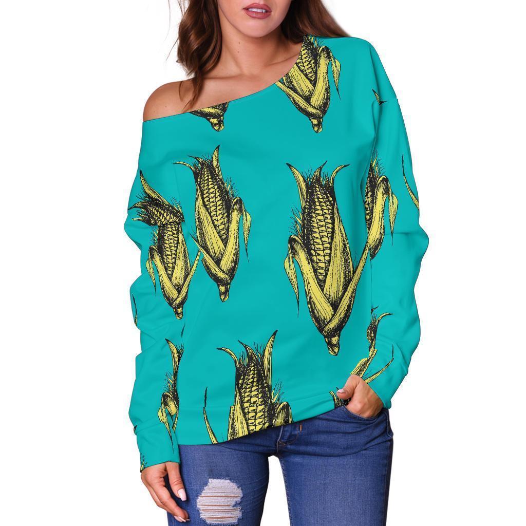Pattern Print Corn Women Off Shoulder Sweatshirt-grizzshop