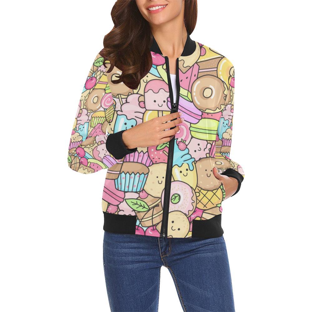 Pattern Print Dessert Cupcake Women Casual Bomber Jacket-grizzshop