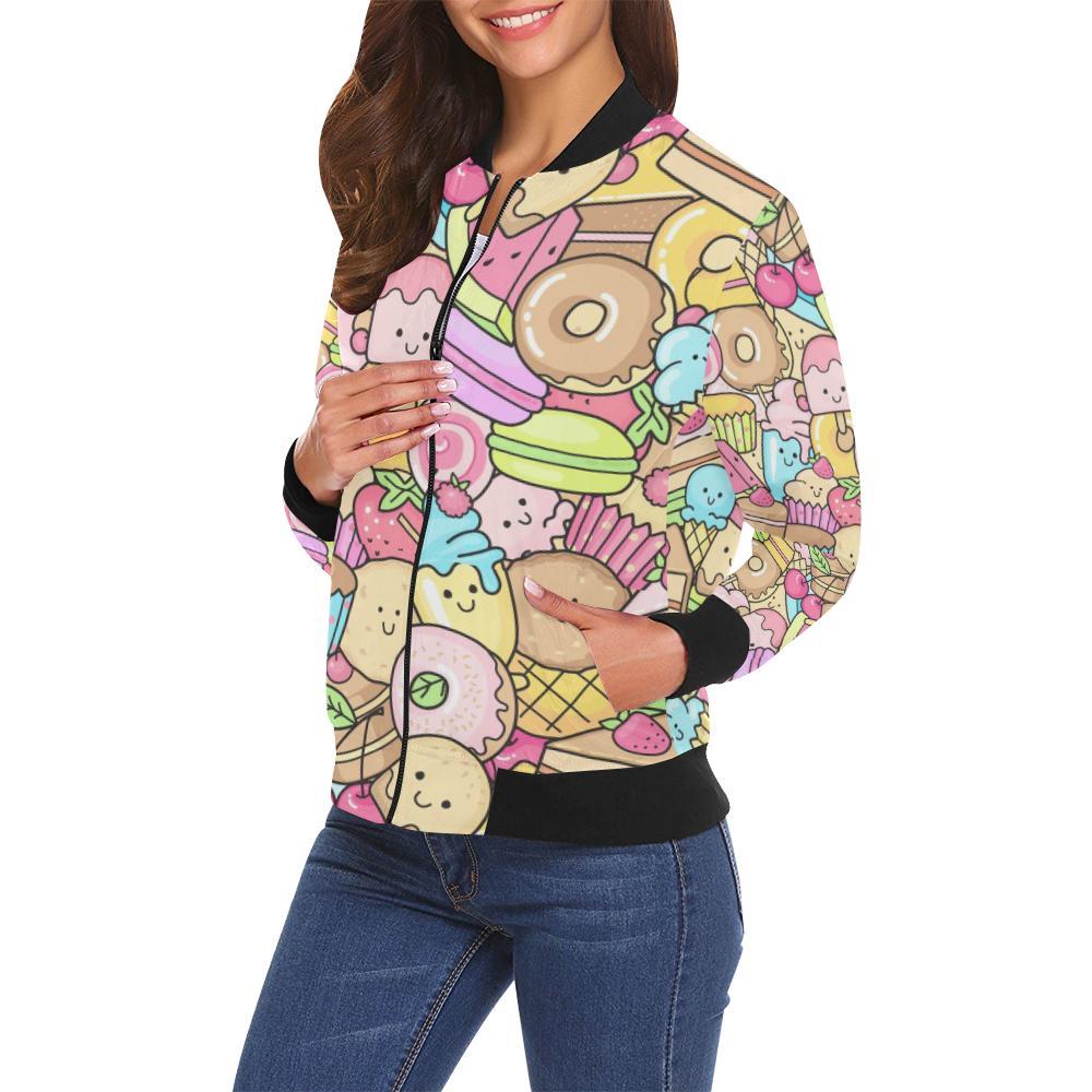 Pattern Print Dessert Cupcake Women Casual Bomber Jacket-grizzshop