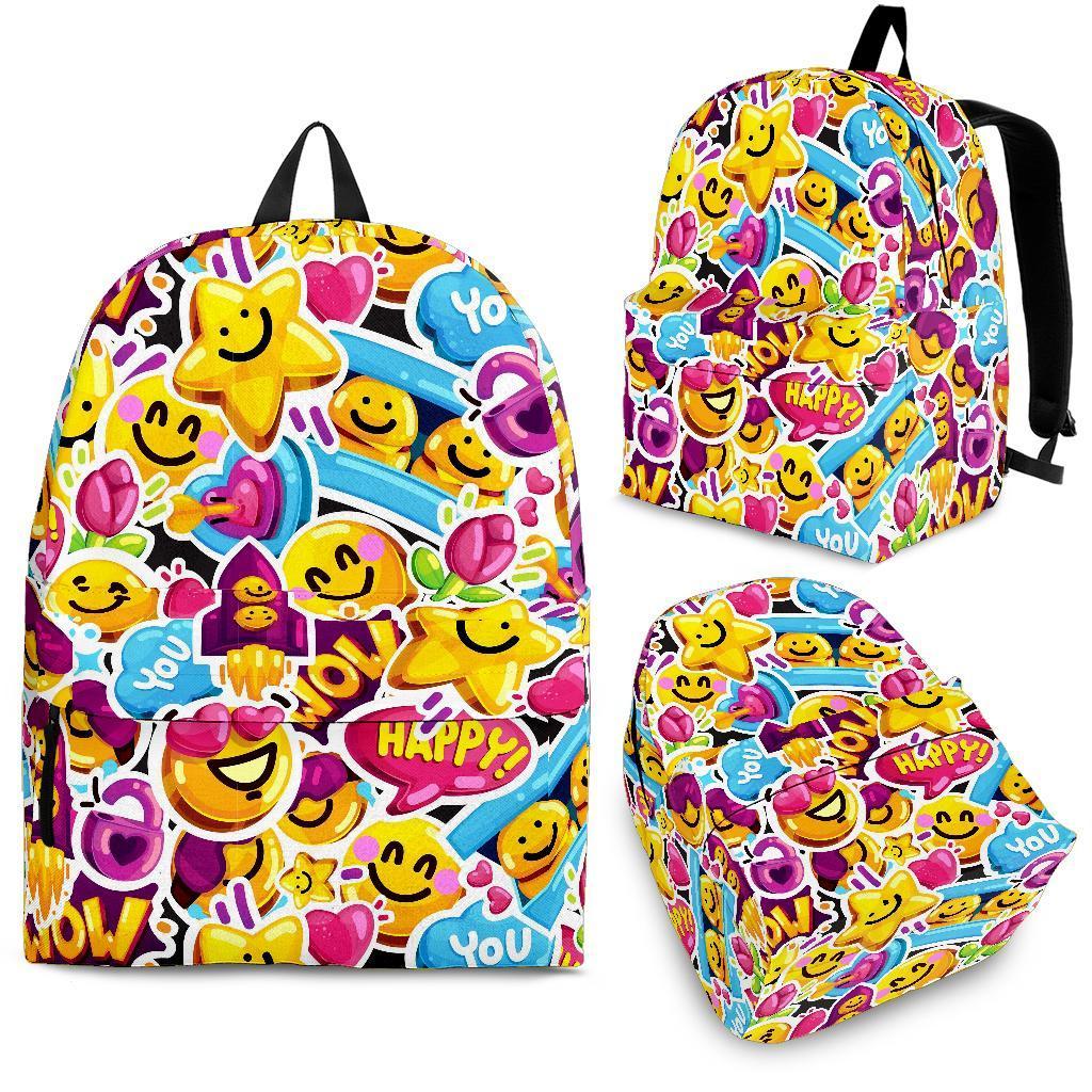 Pattern Print Emoji Backpack-grizzshop