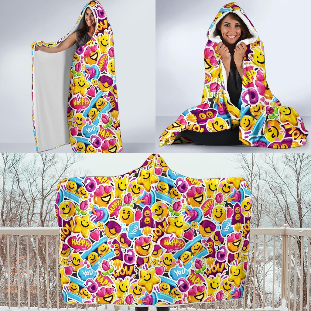 Pattern Print Emoji Hooded Blanket-grizzshop