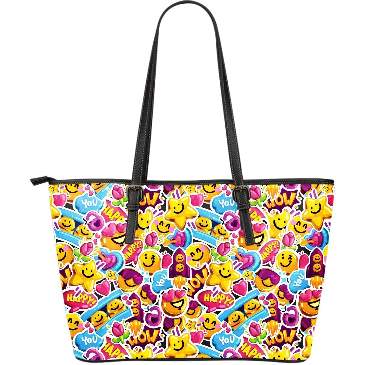 Pattern Print Emoji Leather Tote Bag-grizzshop