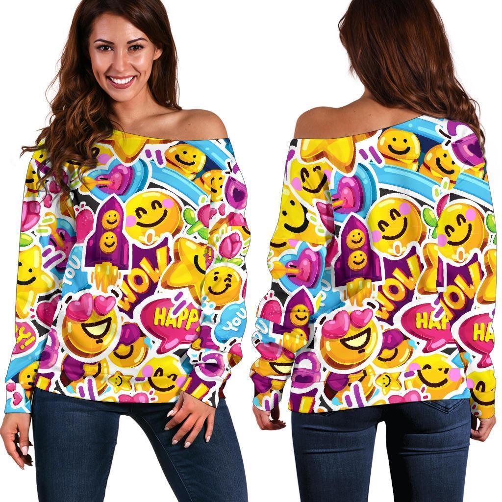 Pattern Print Emoji Women Off Shoulder Sweatshirt-grizzshop