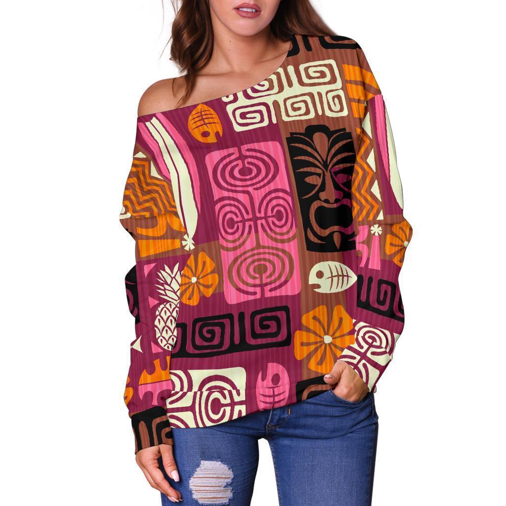 Pattern Print Ethnic Women Off Shoulder Sweatshirt-grizzshop