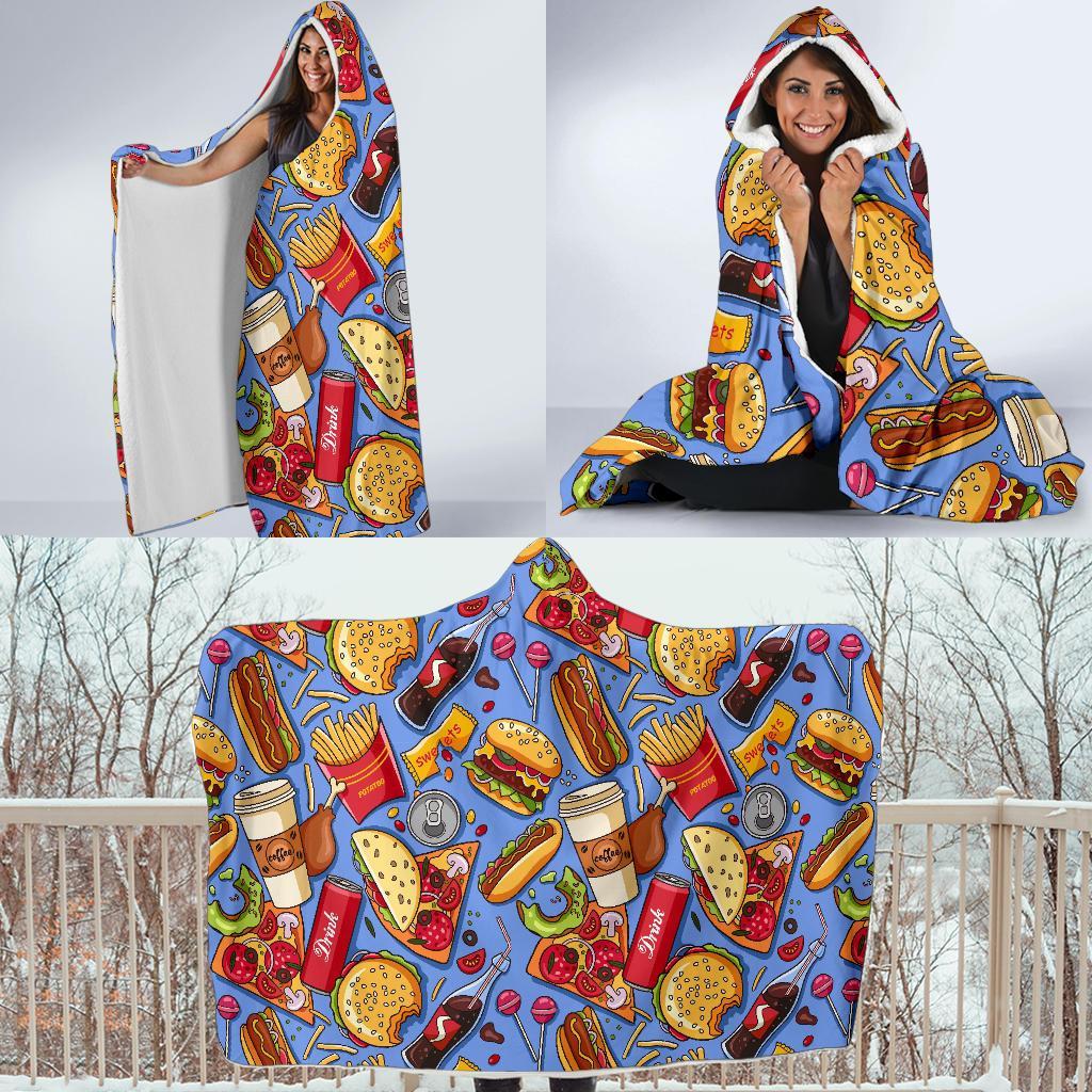 Pattern Print Fastfood Hooded Blanket-grizzshop