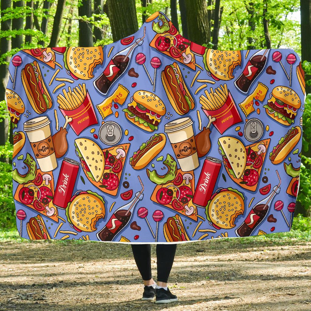 Pattern Print Fastfood Hooded Blanket-grizzshop