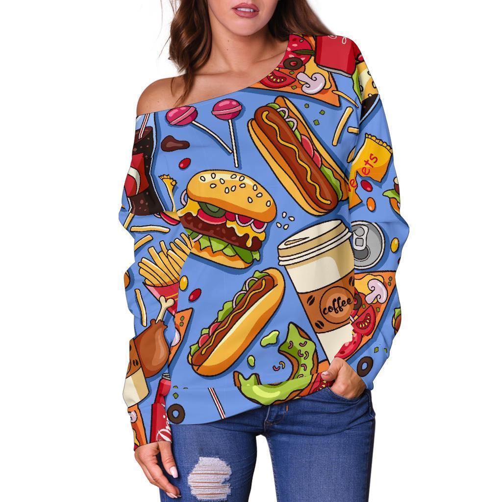 Pattern Print Fastfood Women Off Shoulder Sweatshirt-grizzshop