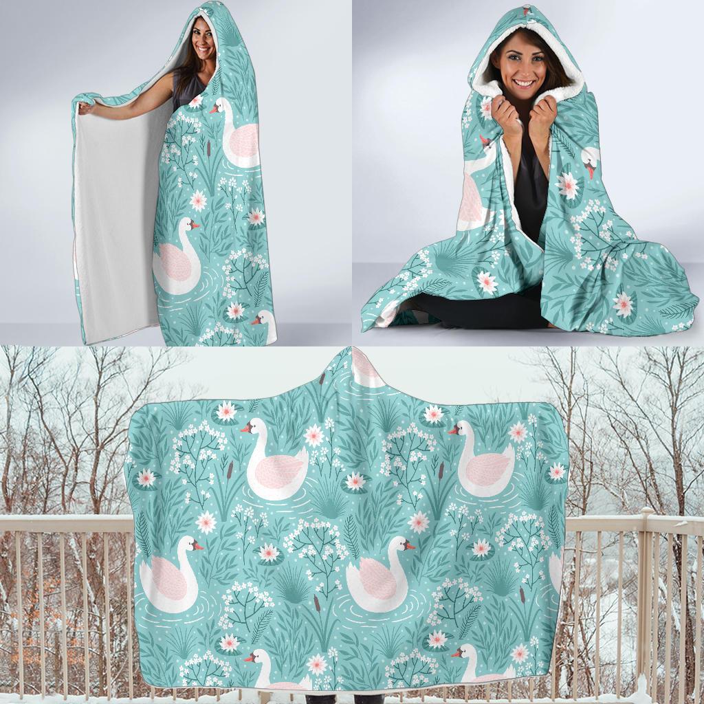 Pattern Print Floral Swan Hooded Blanket-grizzshop