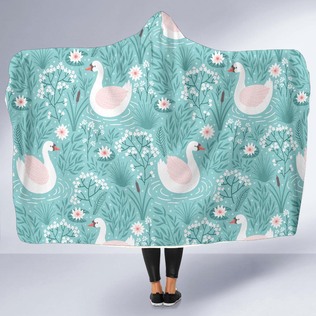 Pattern Print Floral Swan Hooded Blanket-grizzshop