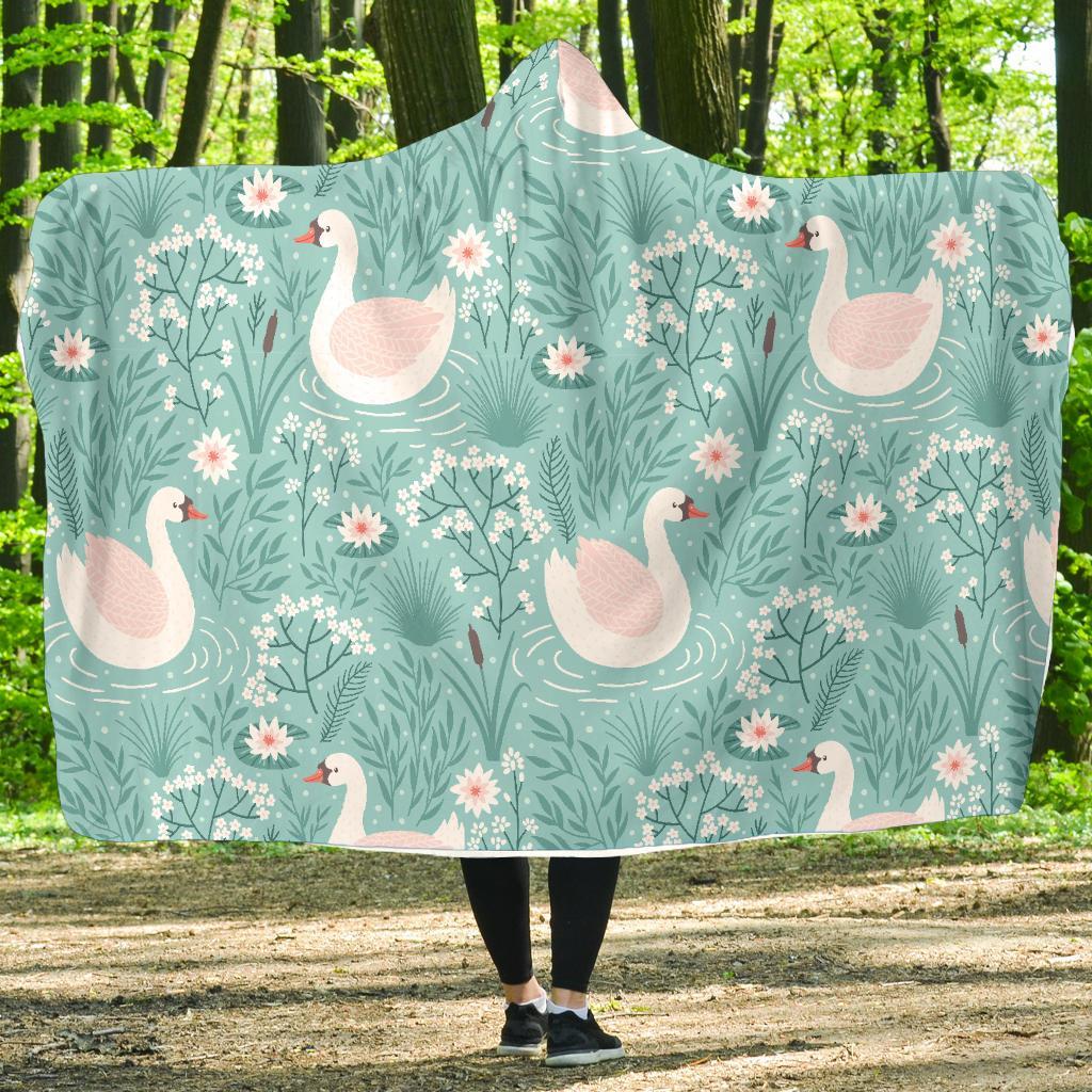 Pattern Print Floral Swan Hooded Blanket-grizzshop