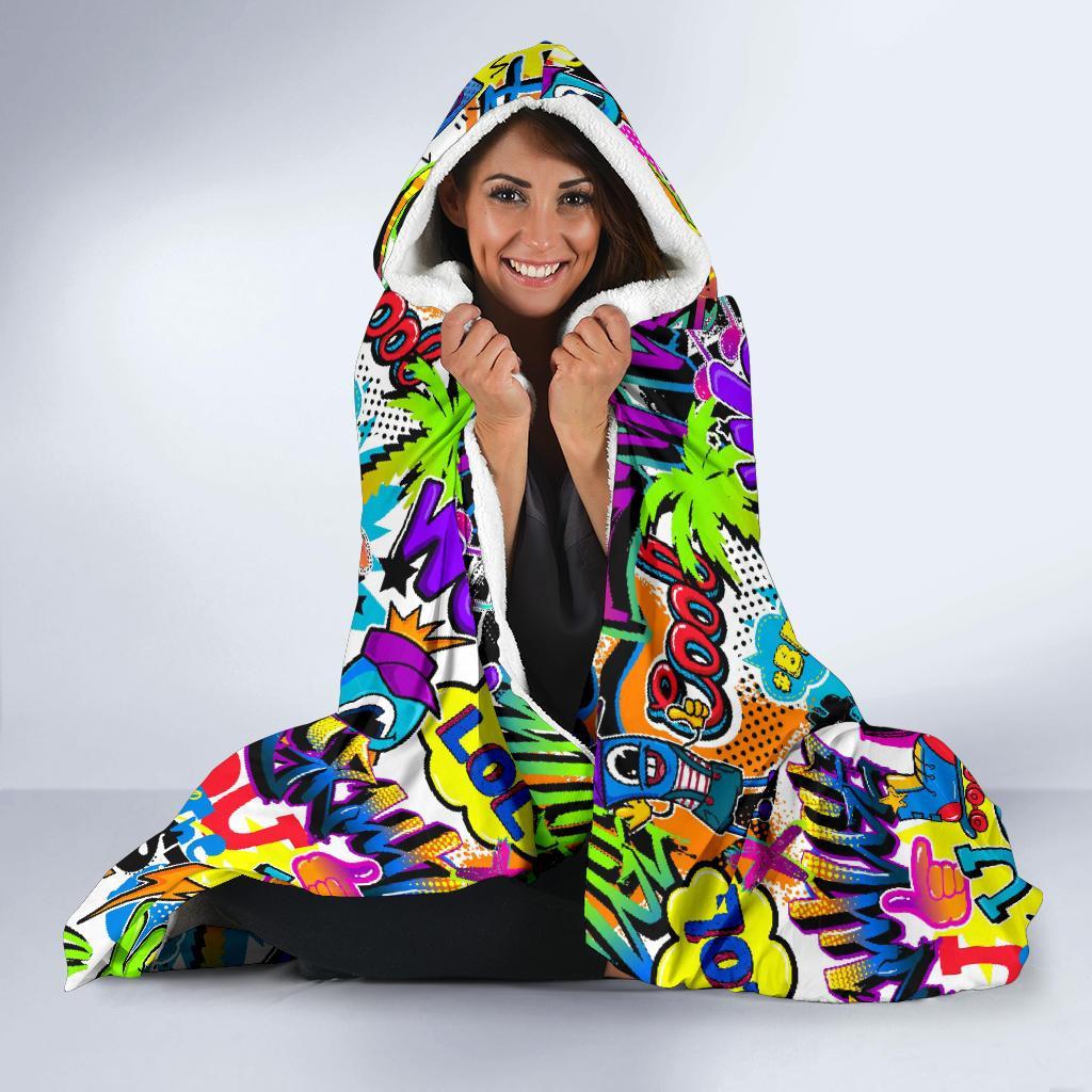 Pattern Print Graffiti Hooded Blanket-grizzshop