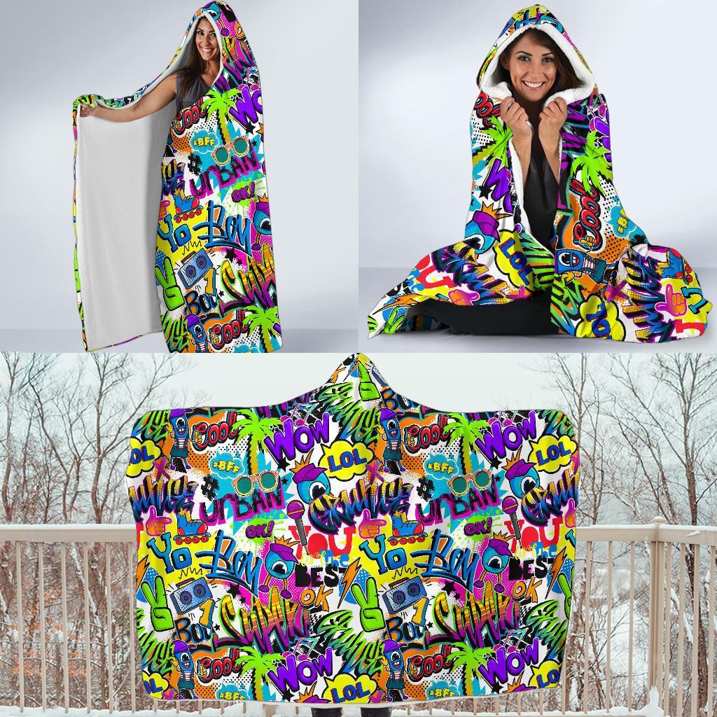 Pattern Print Graffiti Hooded Blanket-grizzshop