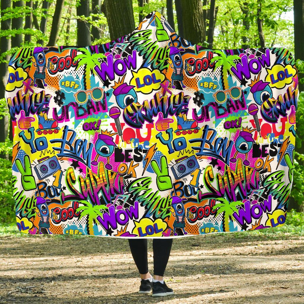 Pattern Print Graffiti Hooded Blanket-grizzshop