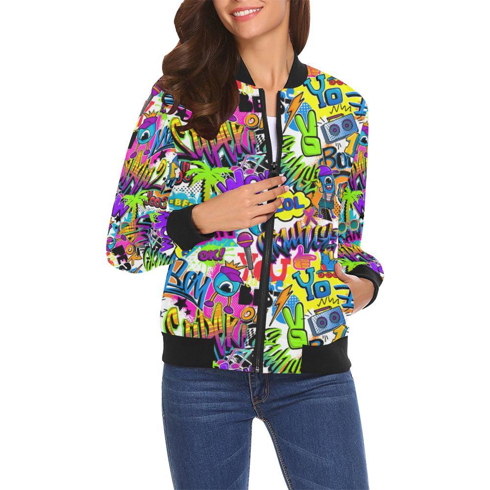 Pattern Print Graffiti Women Casual Bomber Jacket-grizzshop