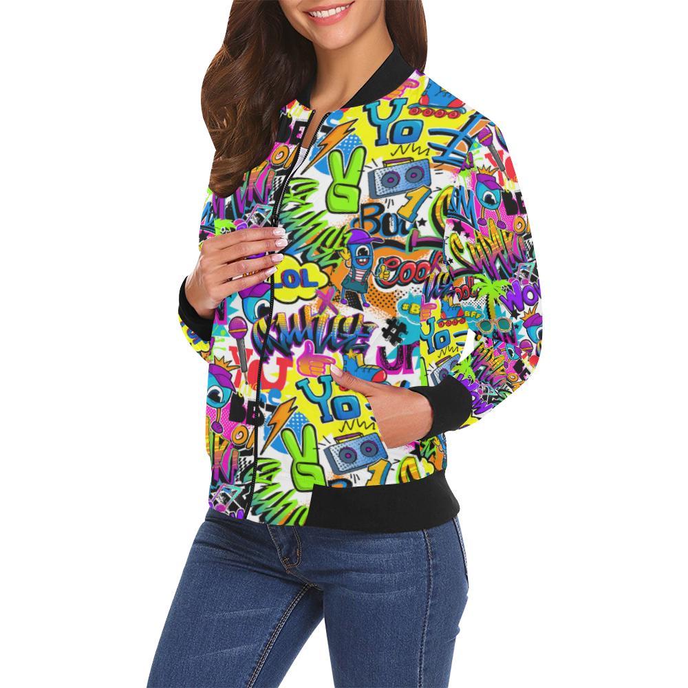 Pattern Print Graffiti Women Casual Bomber Jacket-grizzshop
