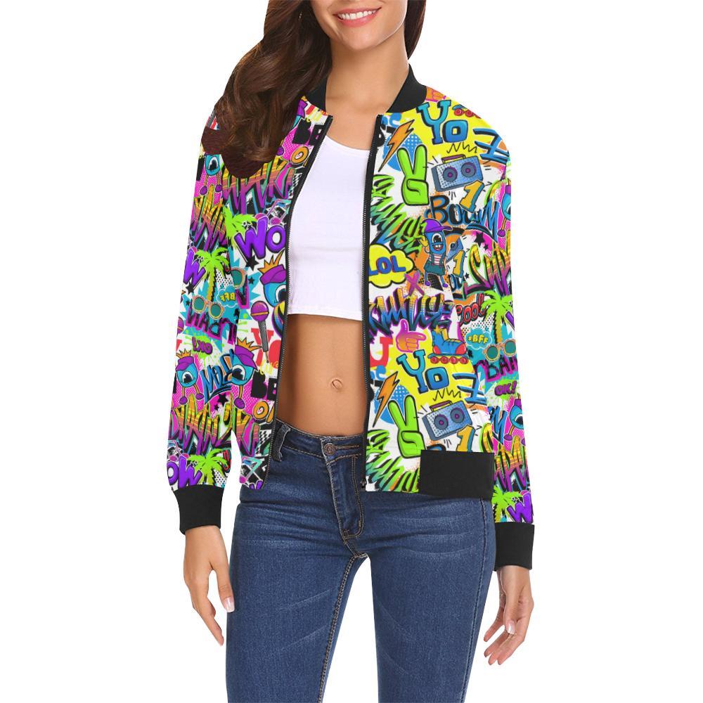 Pattern Print Graffiti Women Casual Bomber Jacket-grizzshop