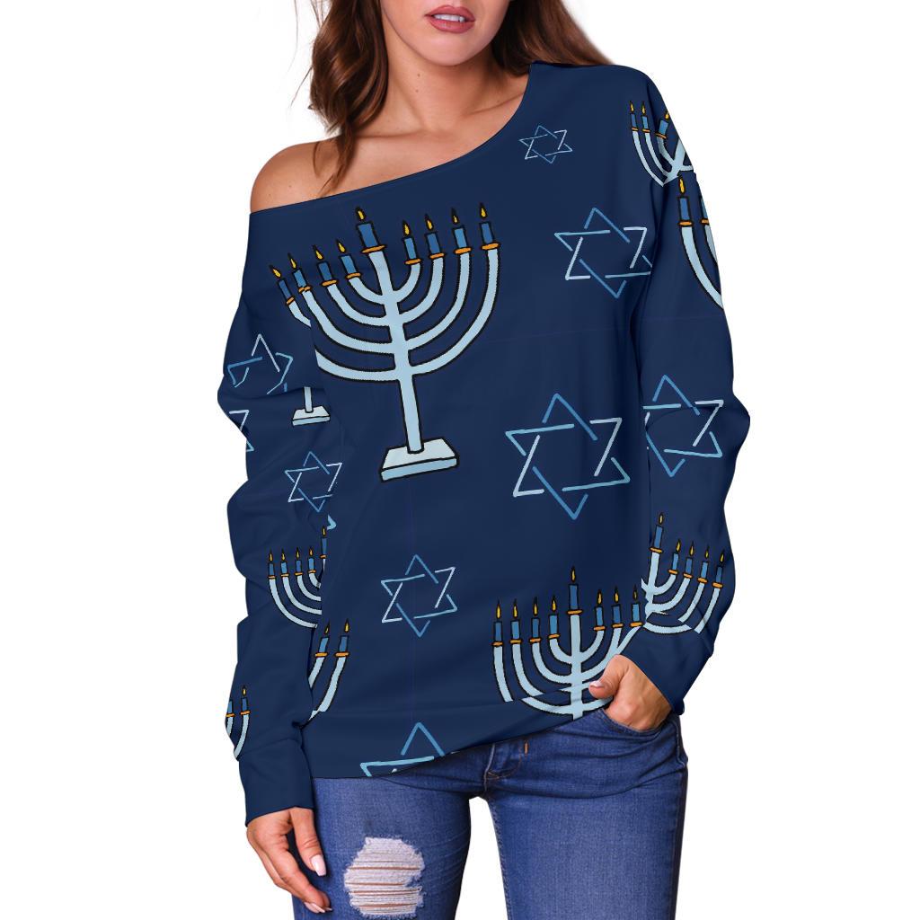 Pattern Print Hanukkah Women Off Shoulder Sweatshirt-grizzshop