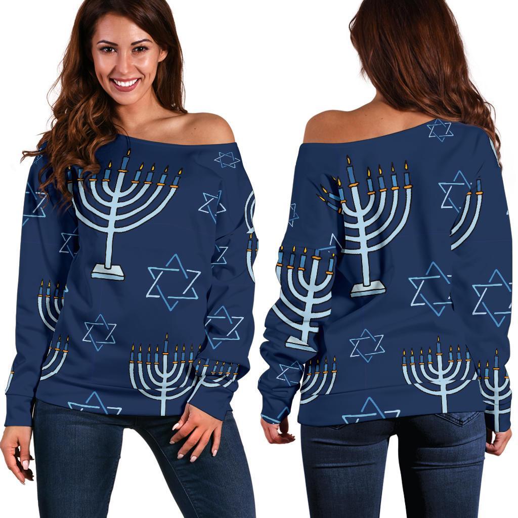 Pattern Print Hanukkah Women Off Shoulder Sweatshirt-grizzshop