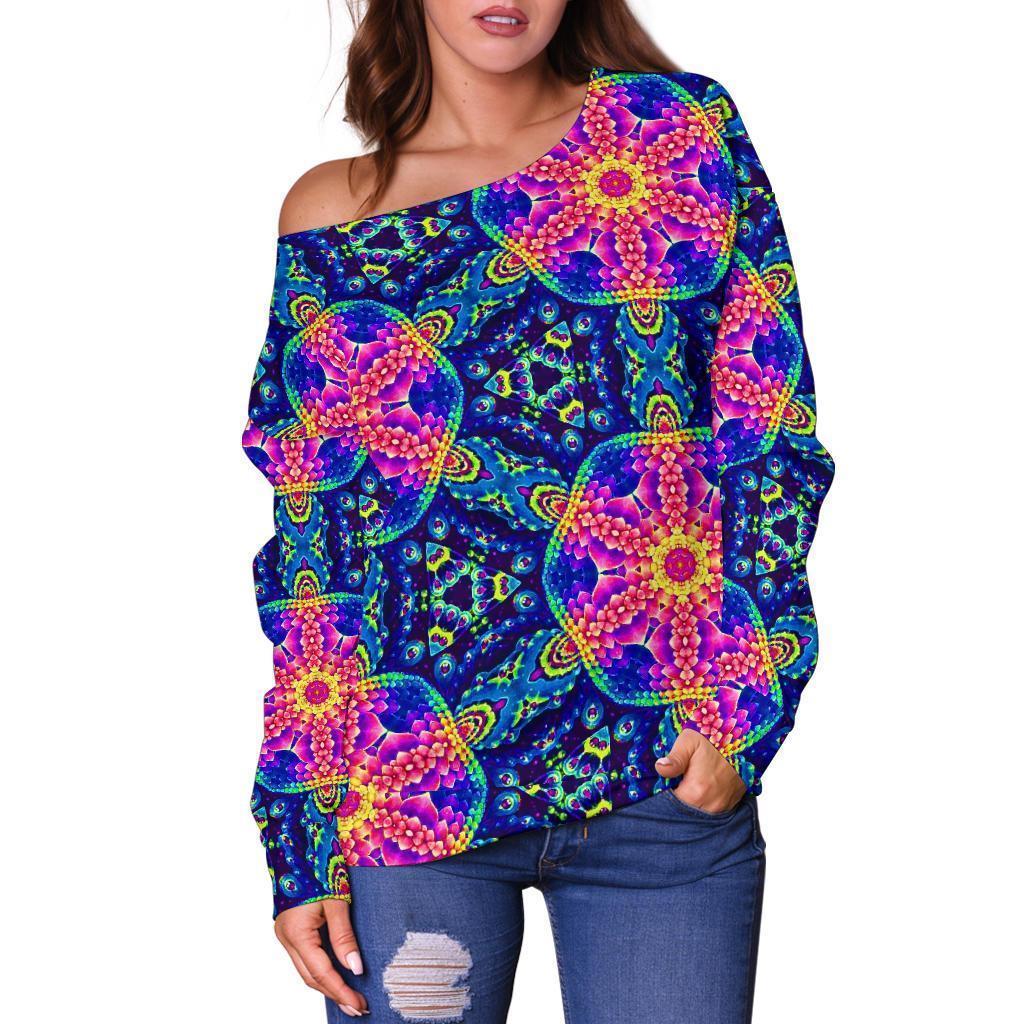 Pattern Print Kaleidoscope Women Off Shoulder Sweatshirt-grizzshop