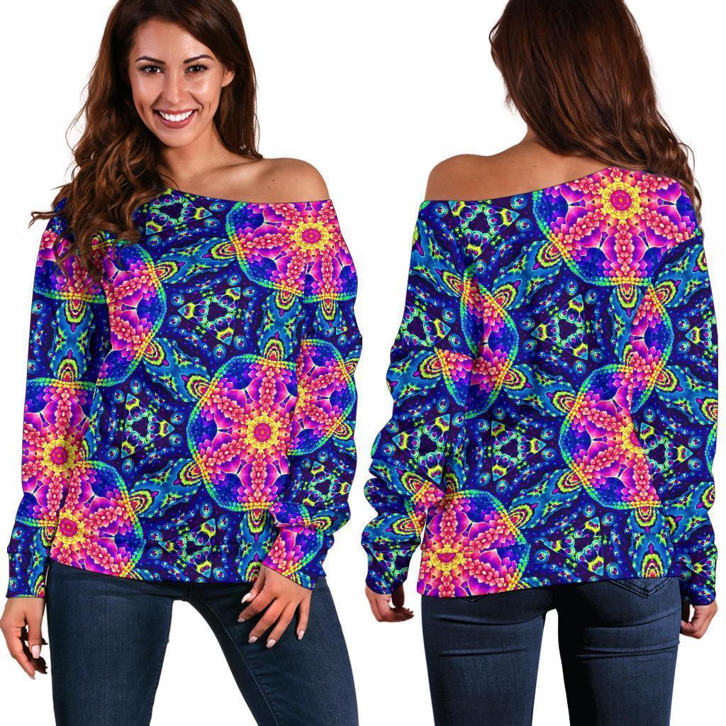 Pattern Print Kaleidoscope Women Off Shoulder Sweatshirt-grizzshop