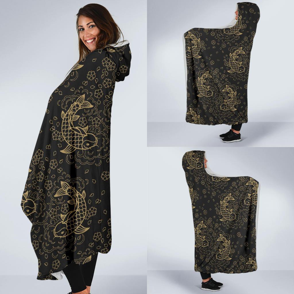 Pattern Print Koi Fish Hooded Blanket-grizzshop