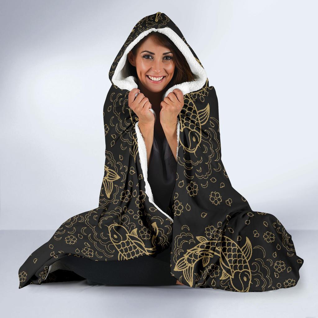Pattern Print Koi Fish Hooded Blanket-grizzshop