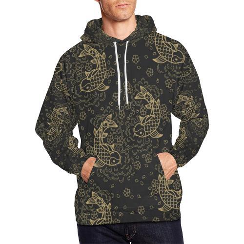 Pattern Print Koi Fish Men Pullover Hoodie-grizzshop