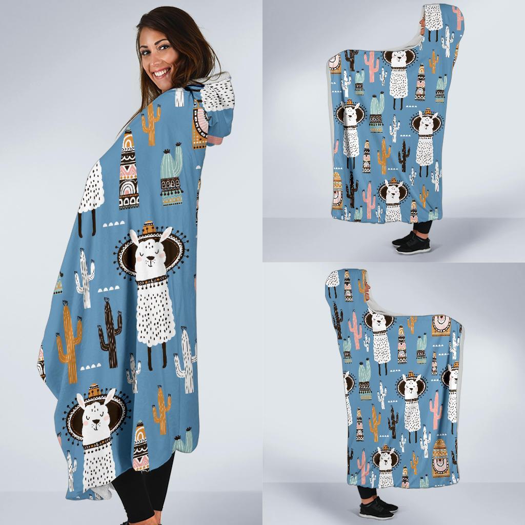 Pattern Print Llama Cactus Hooded Blanket-grizzshop