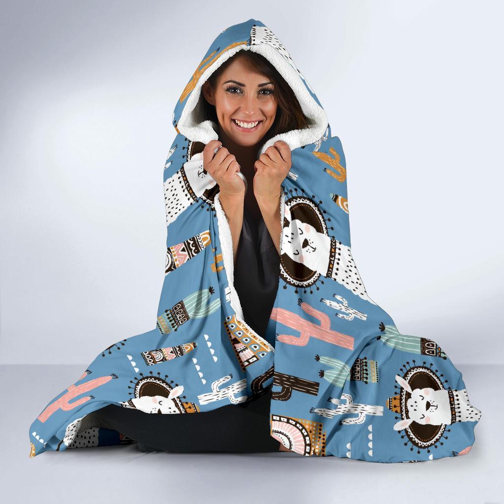 Pattern Print Llama Cactus Hooded Blanket-grizzshop