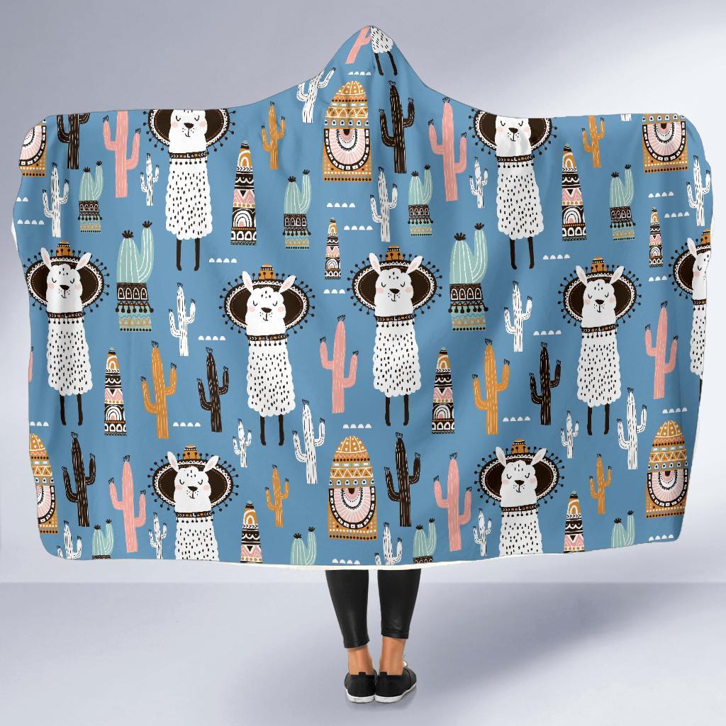 Pattern Print Llama Cactus Hooded Blanket-grizzshop