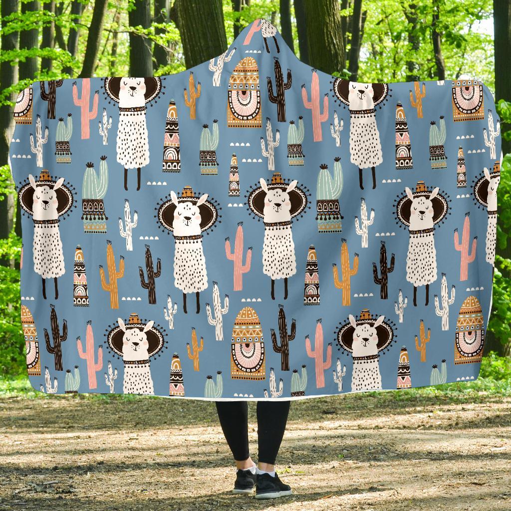 Pattern Print Llama Cactus Hooded Blanket-grizzshop