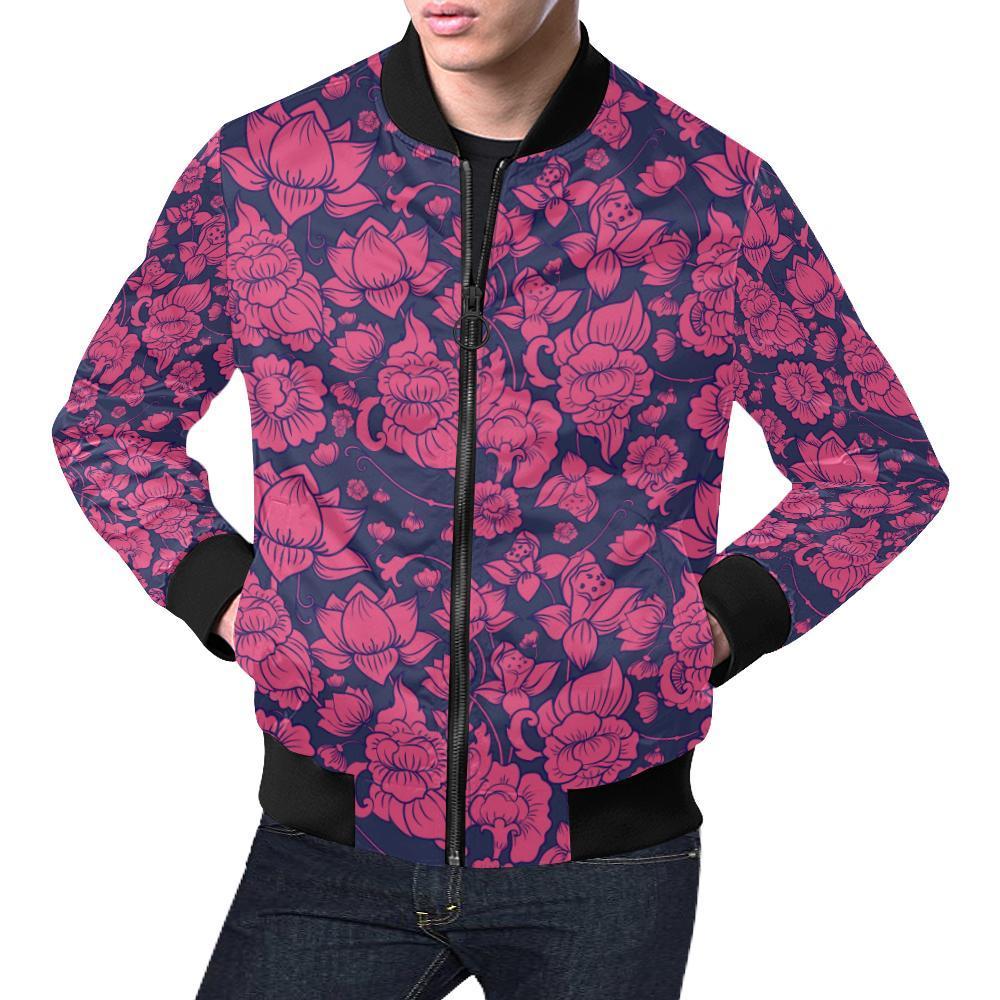 Pattern Print Lotus Men's Bomber Jacket-grizzshop