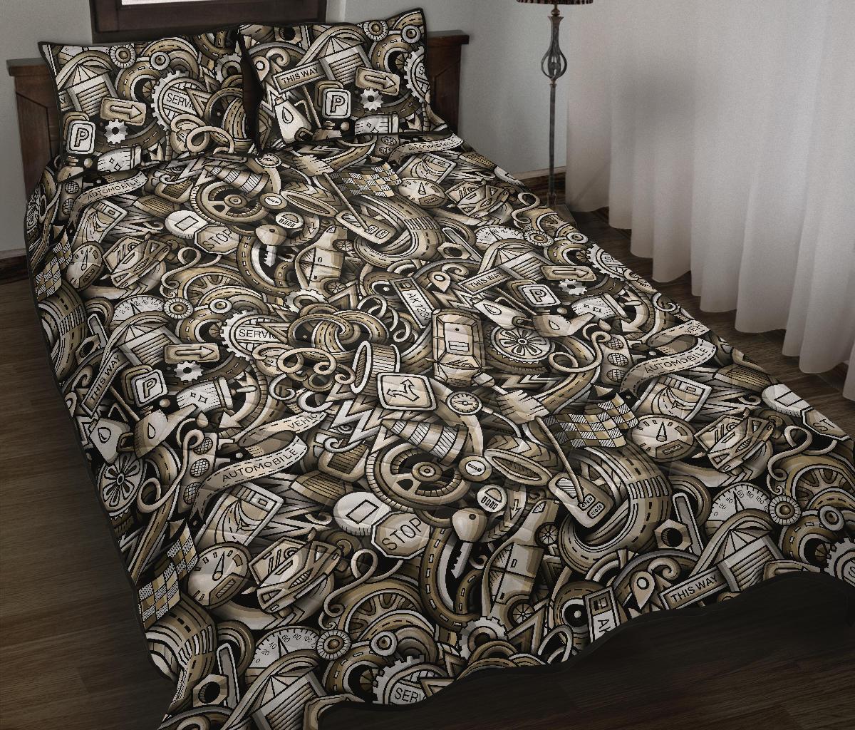 Pattern Print Mechanic Bed Set Quilt-grizzshop