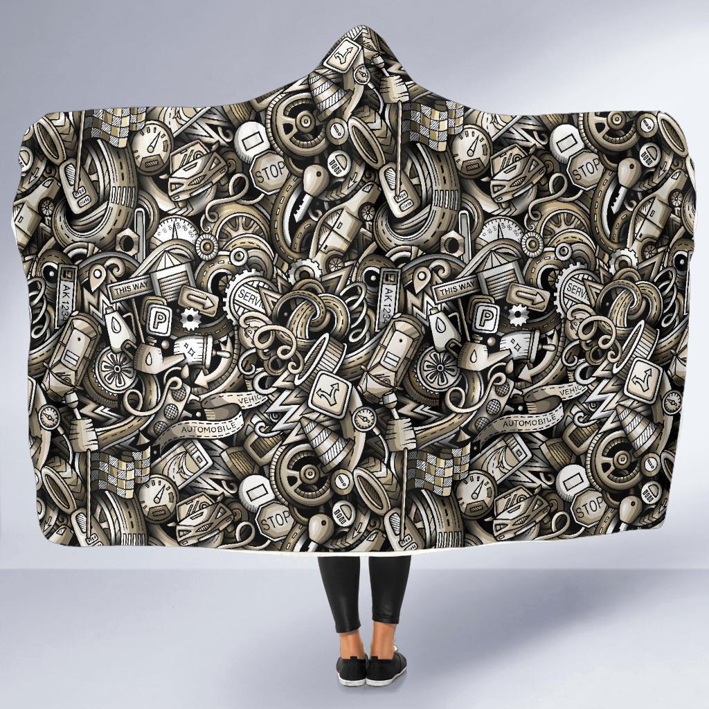 Pattern Print Mechanic Hooded Blanket-grizzshop