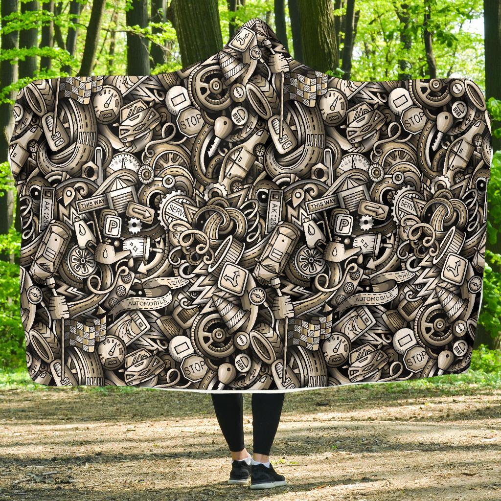 Pattern Print Mechanic Hooded Blanket-grizzshop