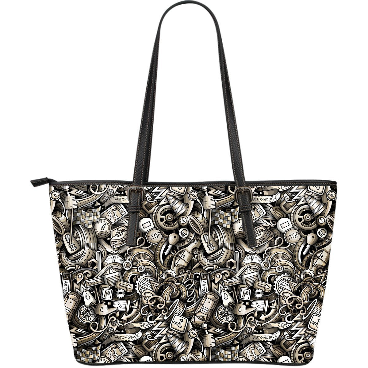 Pattern Print Mechanic Leather Tote Bag-grizzshop