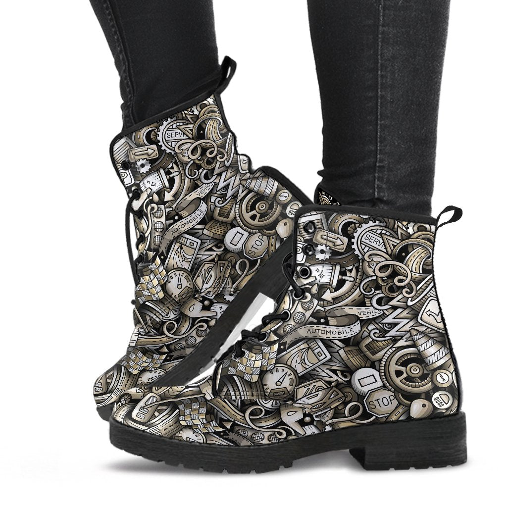 Pattern Print Mechanic Men Women Leather Boots-grizzshop
